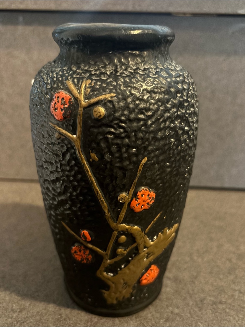 Vintage Tokanabe Ware Pottery Vase Black Floral Flowers Branch Made in Japan
